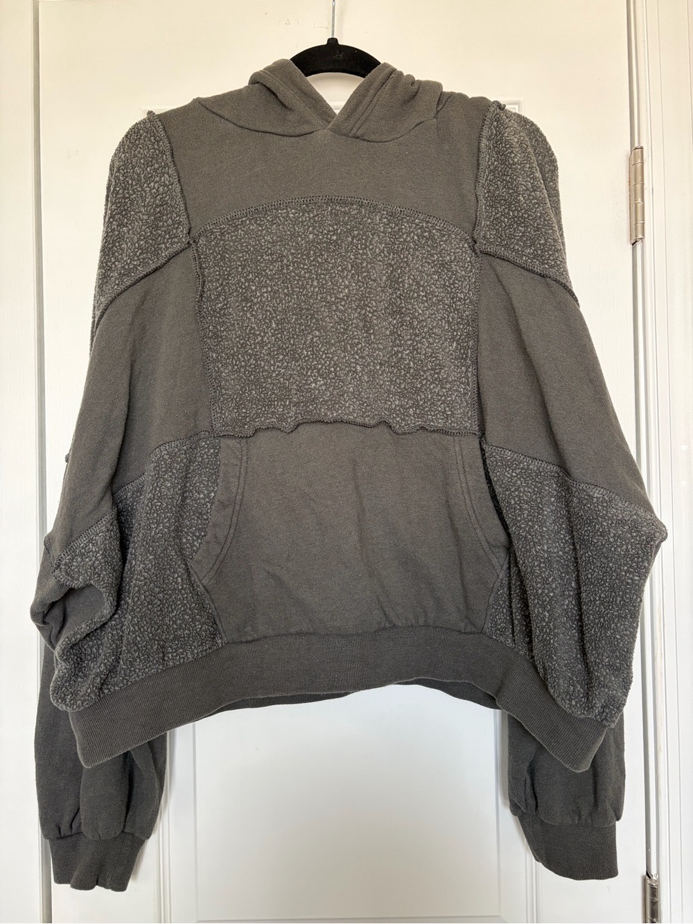 aerie Sherpa Patchwork Hoodie Mixed Media Oversized Gray Pullover Sweatshirt L